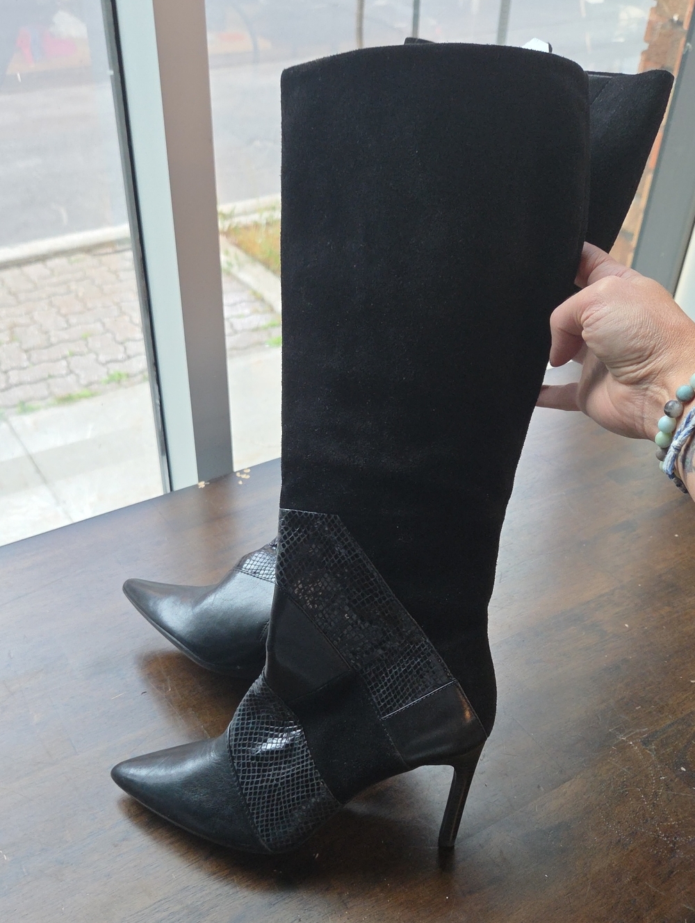 Geox Size 10 Black Suede & Leather Pointed Toe Knee-High Heels NEW